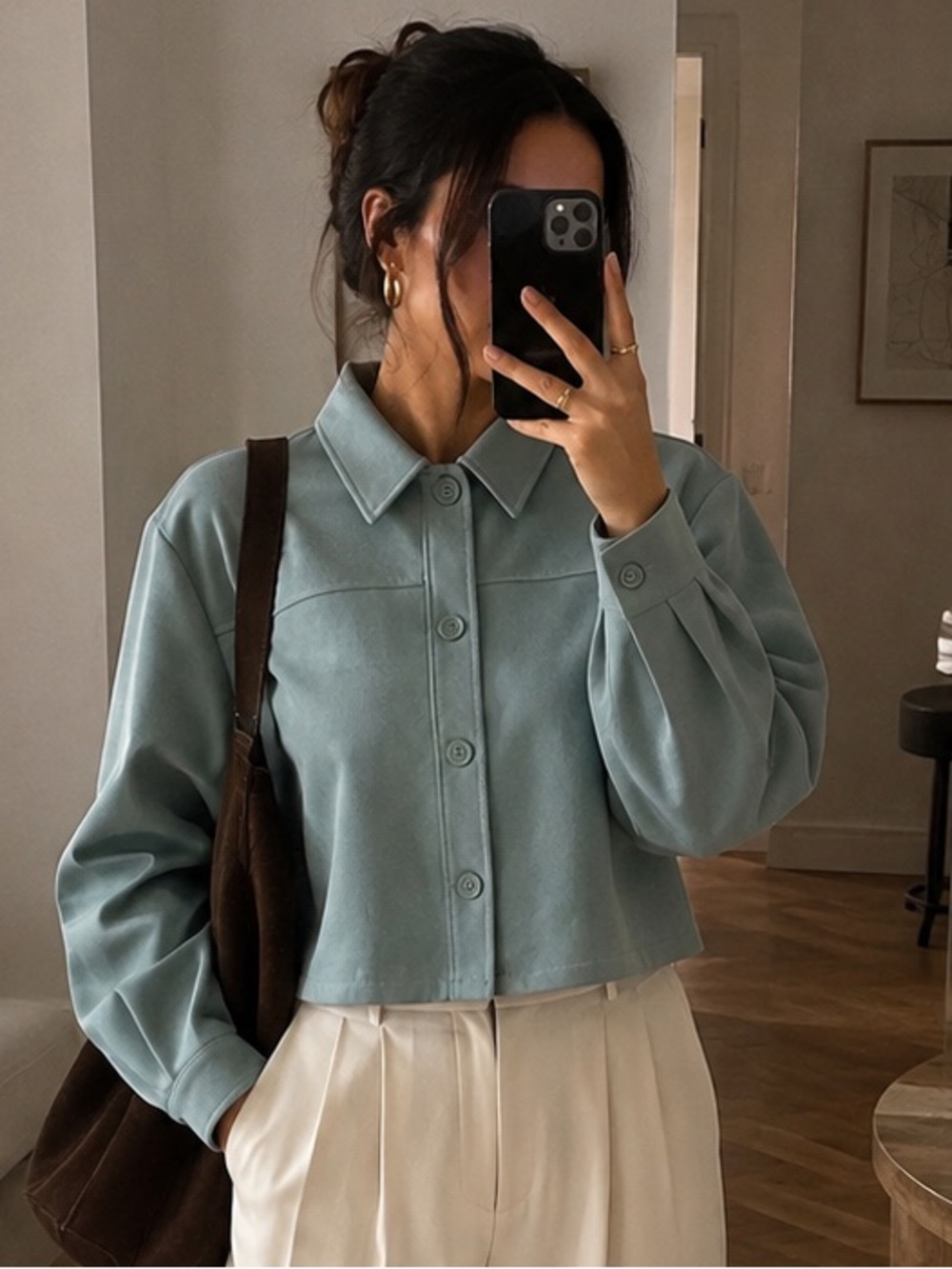 Fucsia Italy Mint Green Cropped Shirt Jacket Button Front Long Sleeve Size L